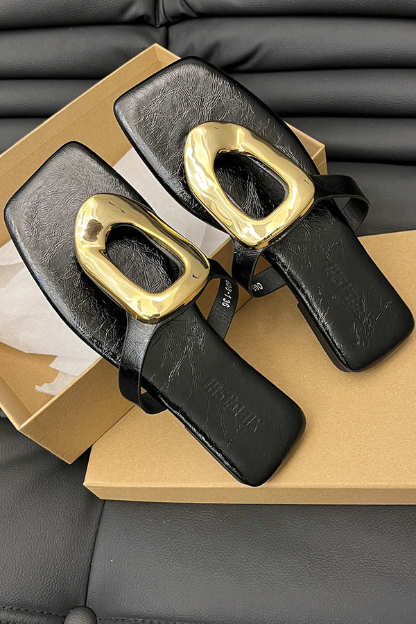 Versatile Square Toe Thong Casual Flat Metal Buckle Sandals-consonak