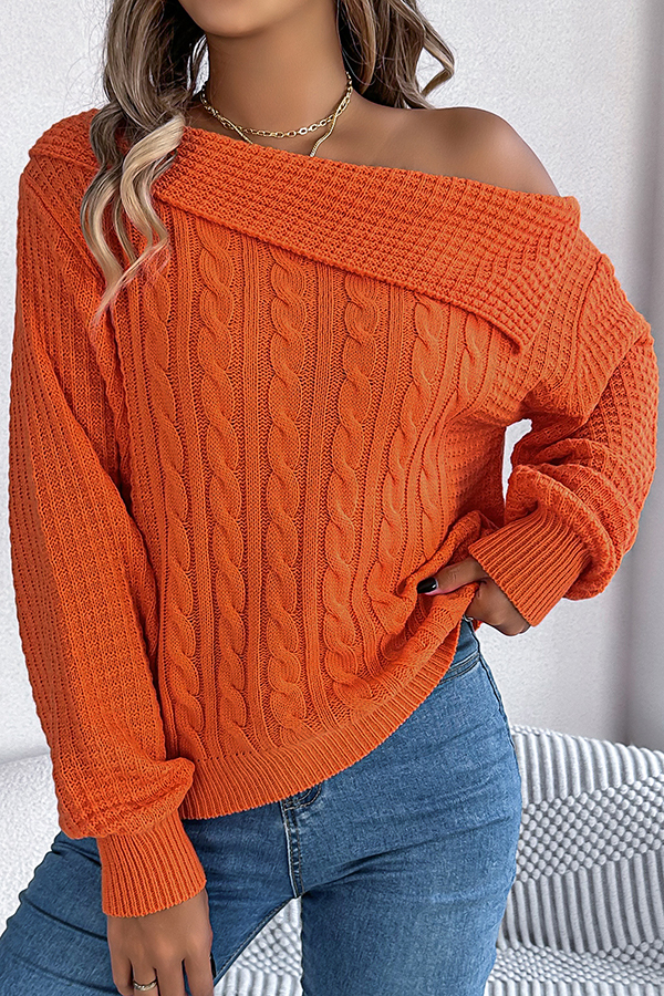 Solid Color Casual One Shoulder Long Sleeve Knitted Sweater-consonak