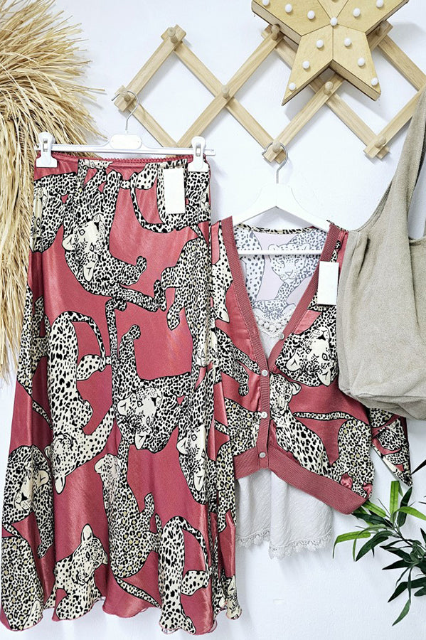 Abbie Satin Tiger Print High Rise Elastic Waist Maxi Skirt-consonak