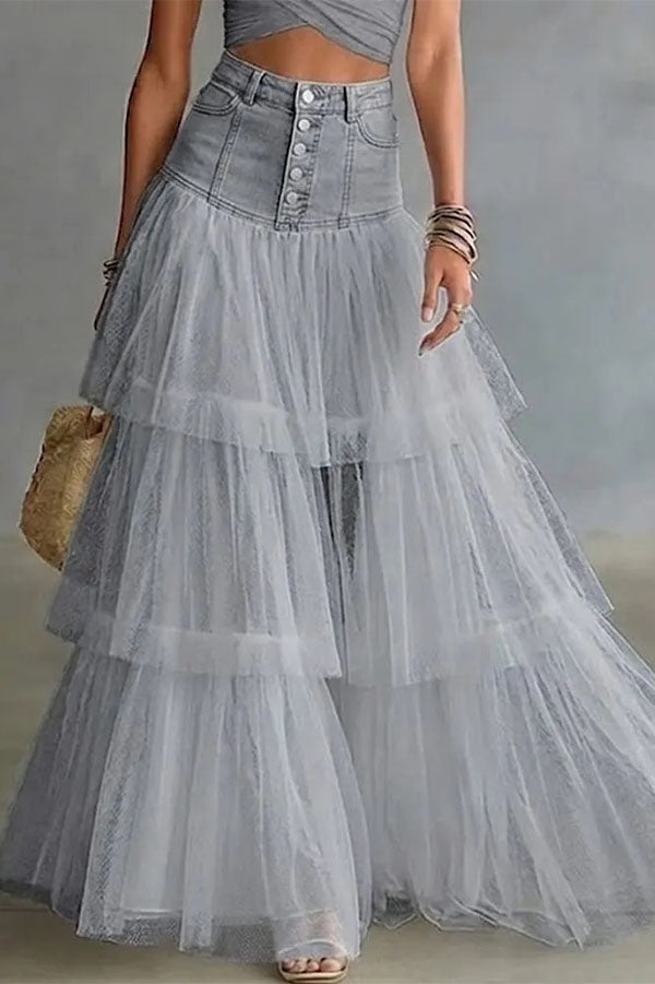 Y2K Fairycore Denim Corset Waist Tulle Maxi Skirt-Consonak