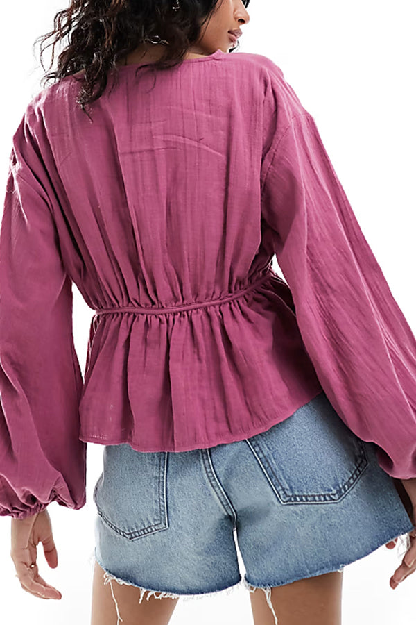 Solid Color V-neck Long-sleeved Tie-up Pleated Loose Top-consonak