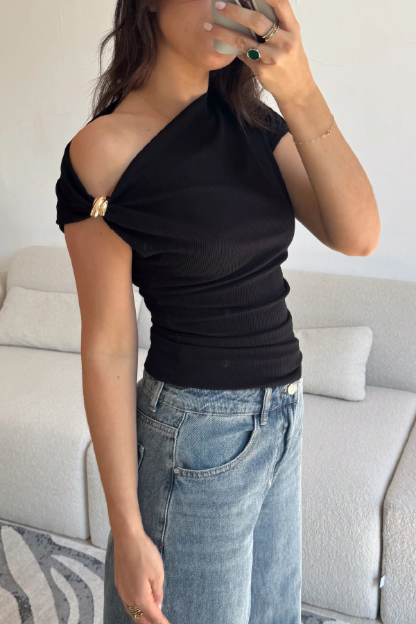 Solid Color Metal Decoration Short-sleeved Casual T-shirt-consonak