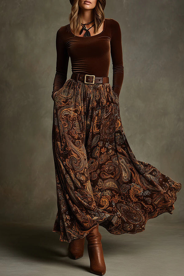 Stylish Velvet Long-sleeved Fitted Top and Unique Printed Casual Pocket Maxi Skirt Set-consonak