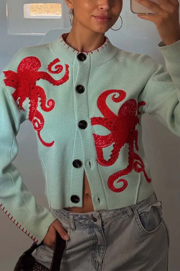 Coastal Fashion Knit Octopus Graphic Contrast Piping Button Up Loose Cardigan | Consonak