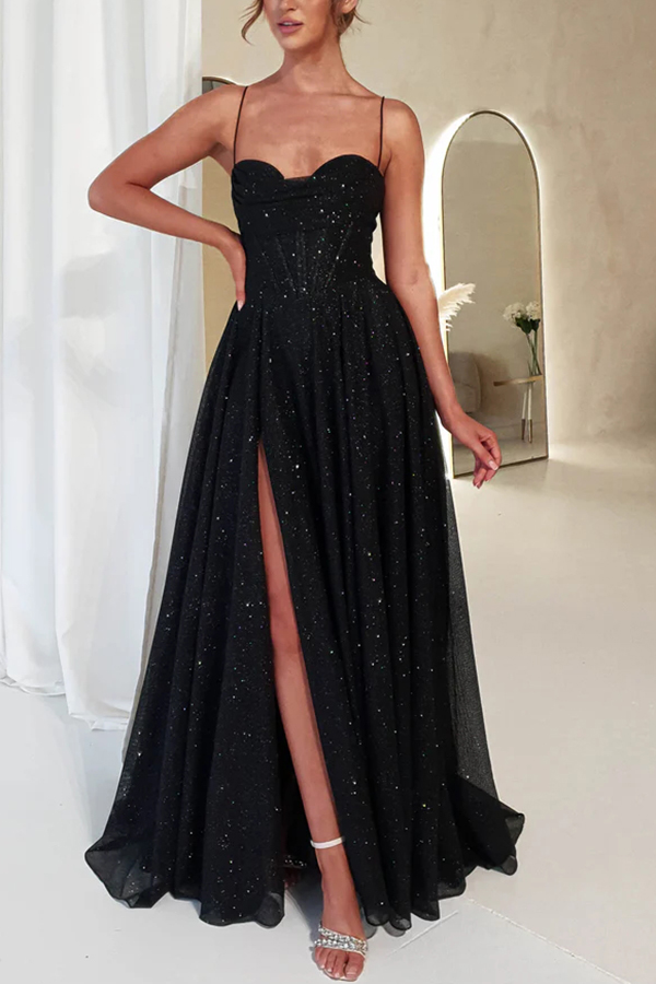 Cinderella Glitter Tulle Fabric Cowl Neck Back Lace-up Pocketed Slit Maxi Dress-consonak