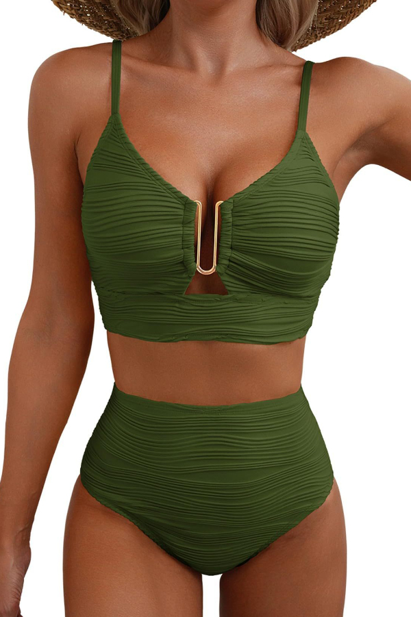 Solid Color V-neck Hollowed-out Pleated High Waist Stretch Two-Piece Bikini Swimsuit | Consonak