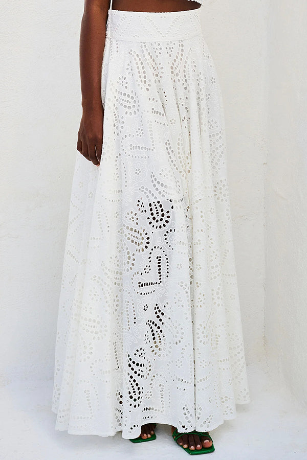 Paris Dreaming Embroidered Lace High Rise Elastic Waist Pocketed Maxi Skirt  | Consonak