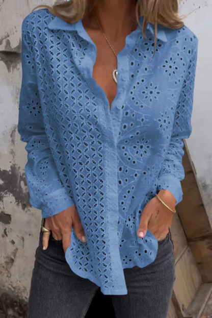 Solid Color Cutout Long-sleeved Loose Button-down Shirt-consonak
