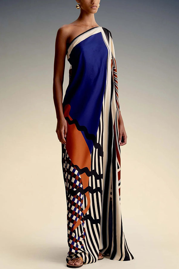 Abstract Geometric Color-Block Print One Shoulder Slit Kaftan Maxi Dress
