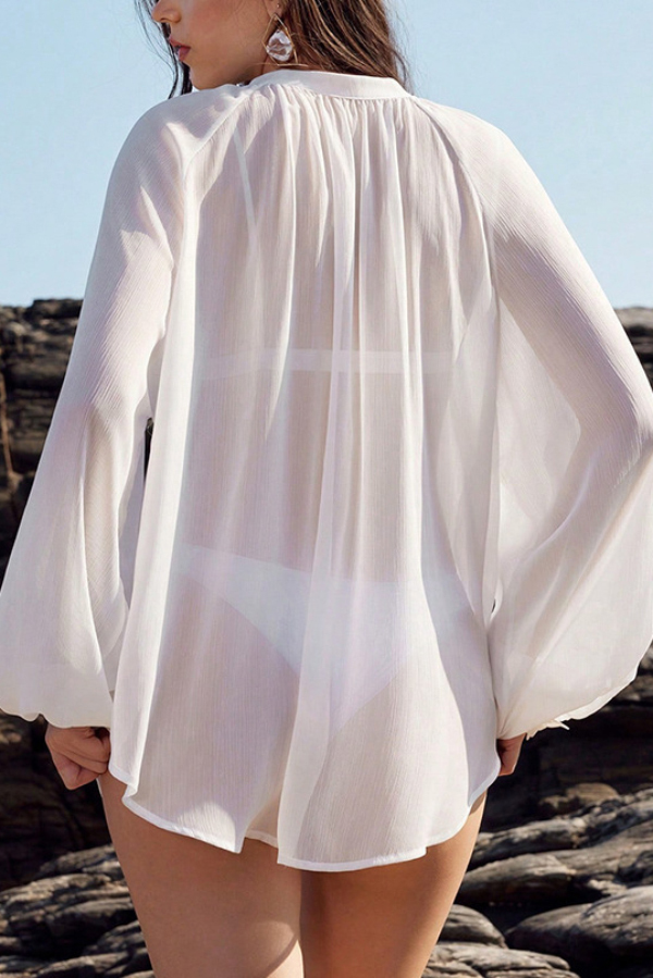 Solid Color Sheer Chiffon Long-sleeved Loose Cover-up Top-consonak