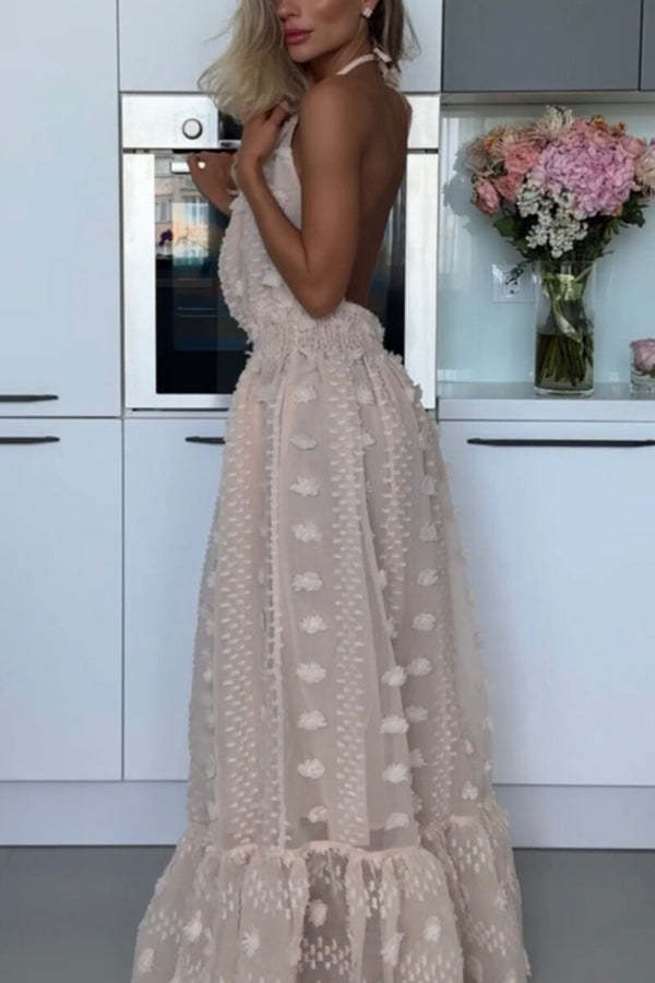 Gloria Embroidery Flowers Elastic Waist Halter Backless Slit Maxi Dress-consonak