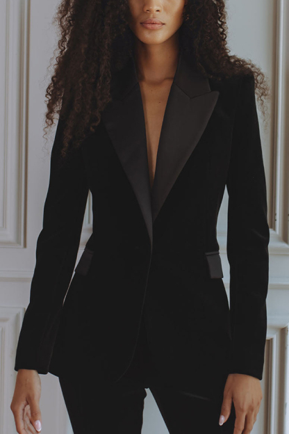 Delicate Daze Velvet Satin Lapel Button Up Long Sleeve Tapered Waist Blazer-consonak