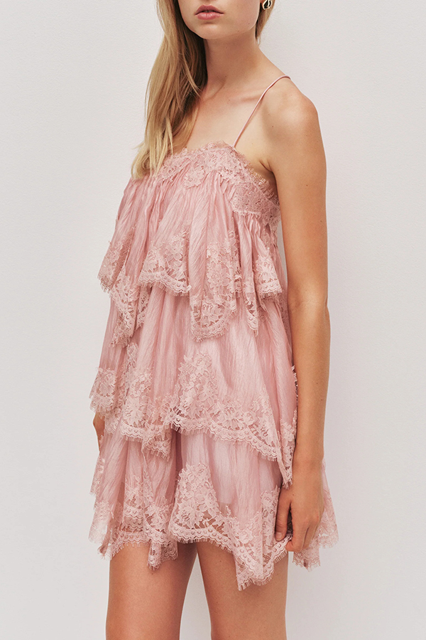 Ophelia Layered Lace Trim Tiers Adjustable Straps Backless A-line Mini Dress | Consonak