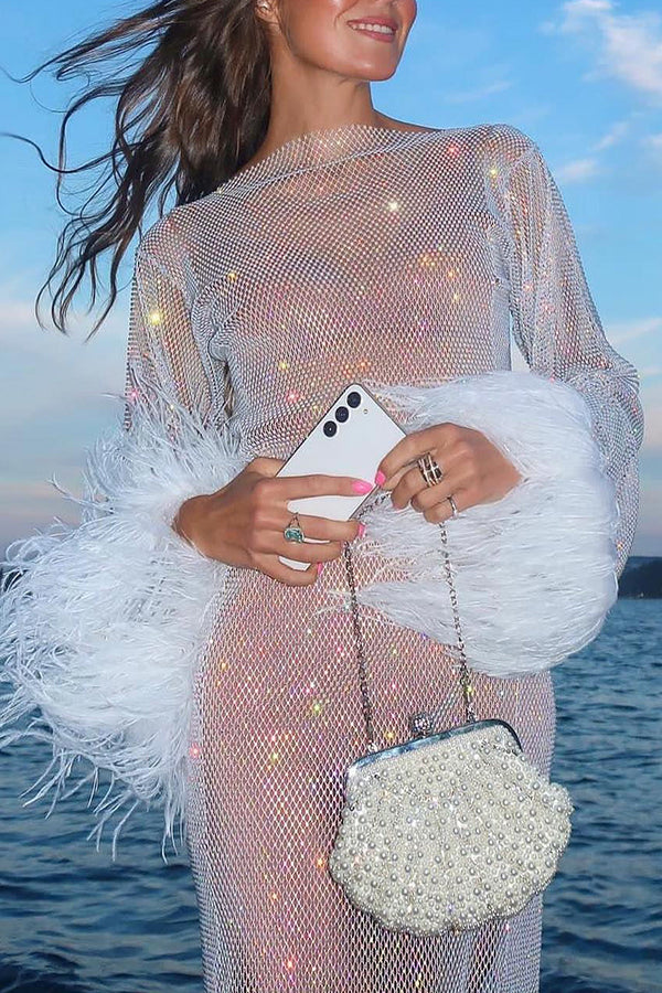 Night Surprise Rhinestone Fabric Feather Sleeve Party Mini Dress | Consonak