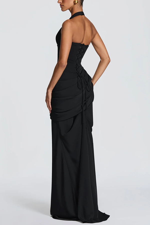 Nehemia Halter V-neck Back Lace-up Asymmetric Pleated Panel Drapes Maxi Dress-consonak
