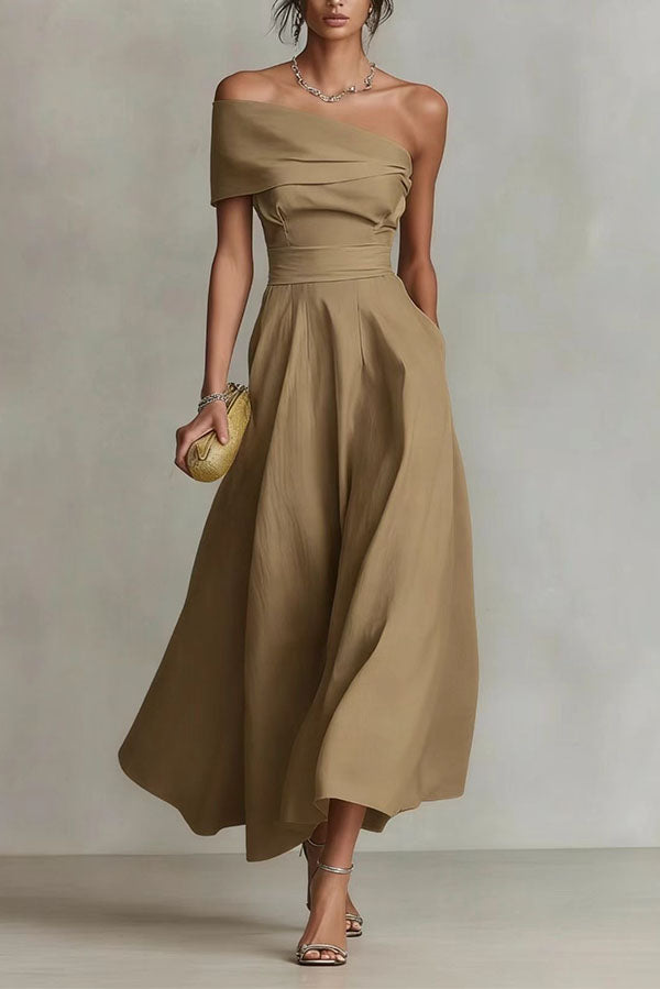 Chic One-Shoulder A-Line Midi Dress with Pockets-Consonak