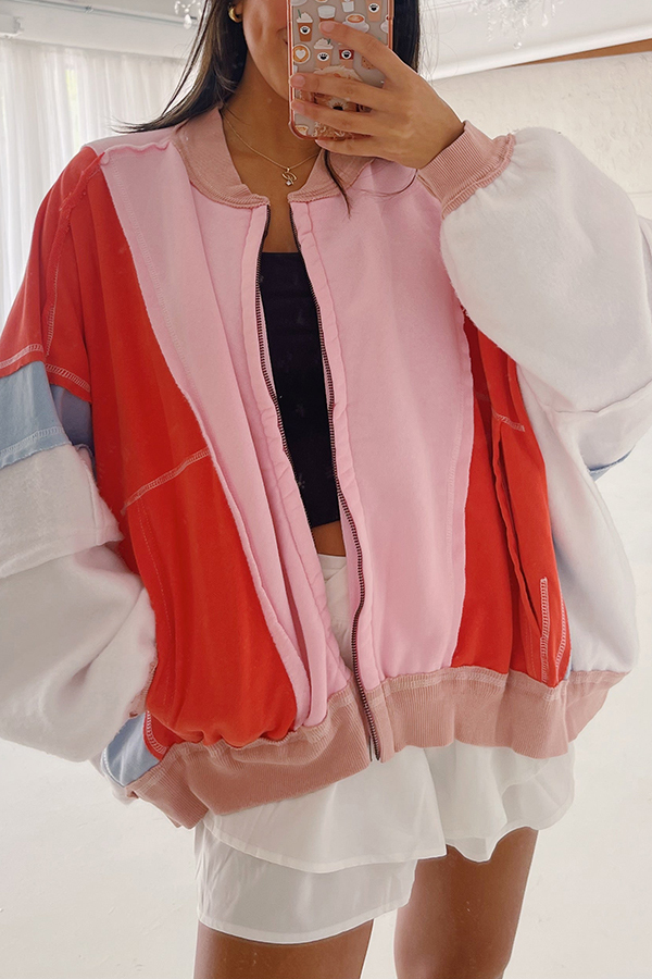 Fresh Color Matching Loose Casual Round Neck Jacket-consonak
