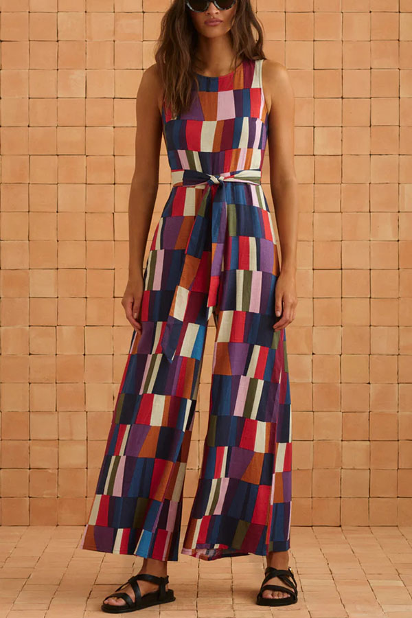 Retro Chic Linen Blend Colorful Color Block Front Waist Tie Detail Sleeveless Wide Leg Jumpsuit-consonak