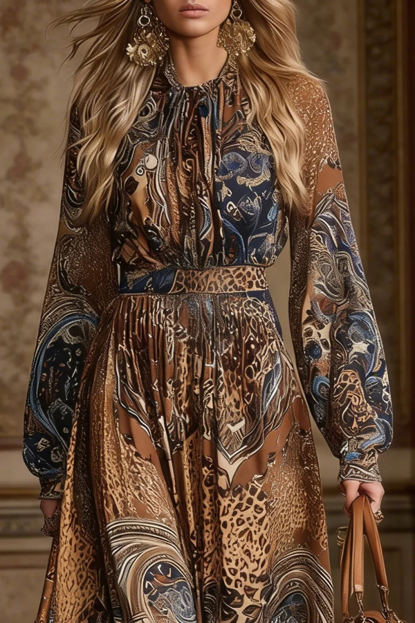 Bohemian Style Unique Printed Long-sleeved Fitted Waist Vacation Maxi Dress
