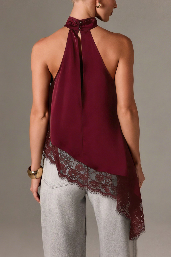 Solid Color Satin Sleeveless Lace Hem Loose Top