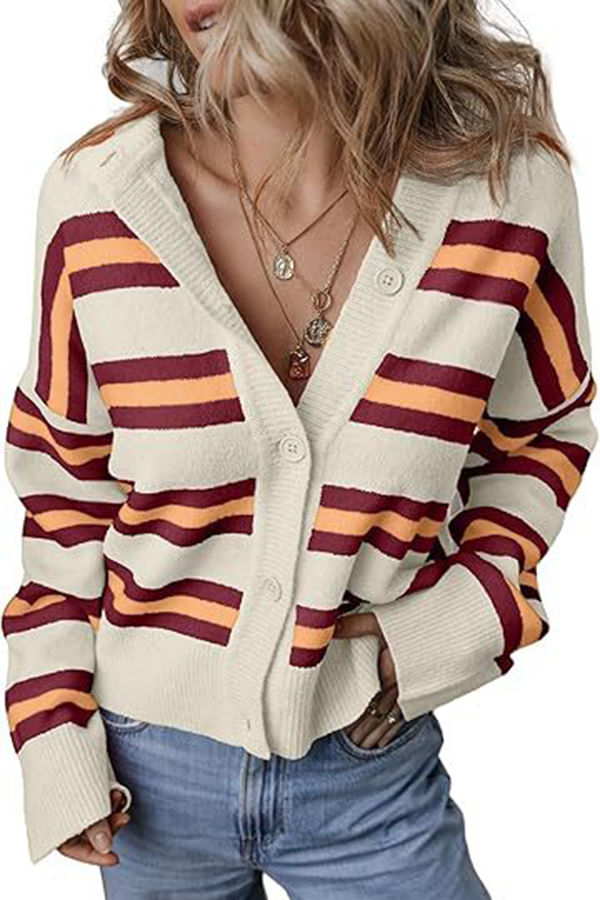 Colorblock Striped Knitted Long-sleeve Cardigan-consonak