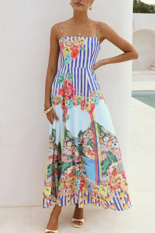 Unique Printed Spaghetti Strap Square Neck Casual Holiday Maxi Dress | Consonak