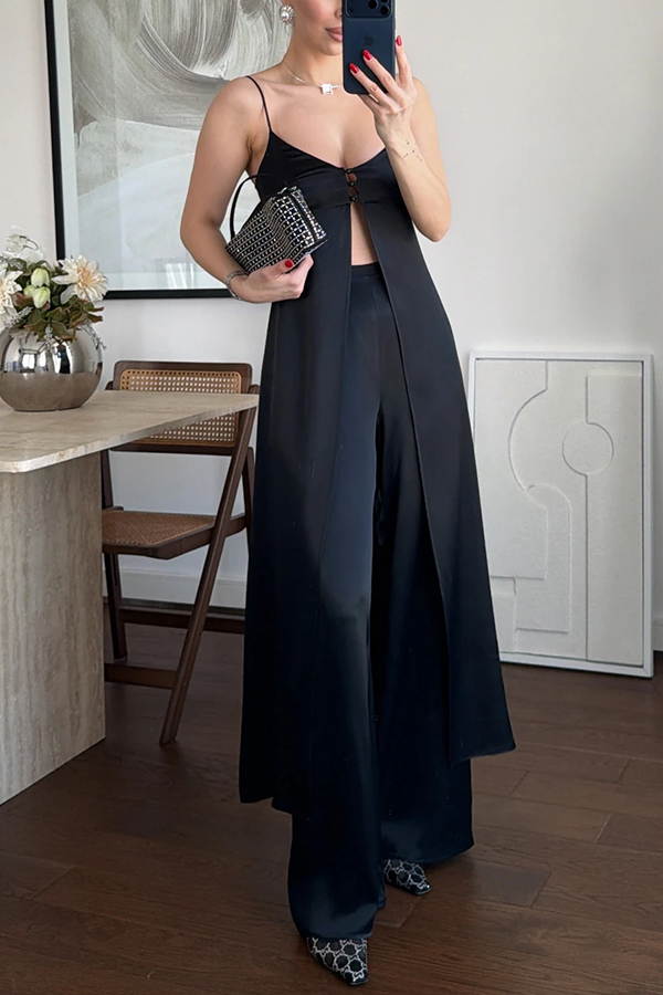 Giselle Satin Front Button Cutout Slit Midi Top and Elastic Waist Loose Pants Set