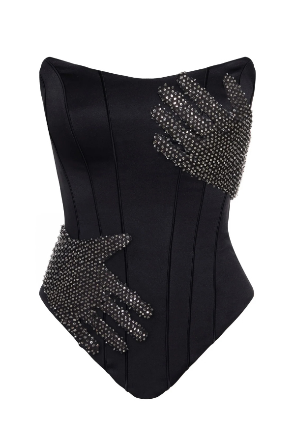 Fashionable Color-blocked Rhinestone Sleeveless Off-shoulder Fitted To