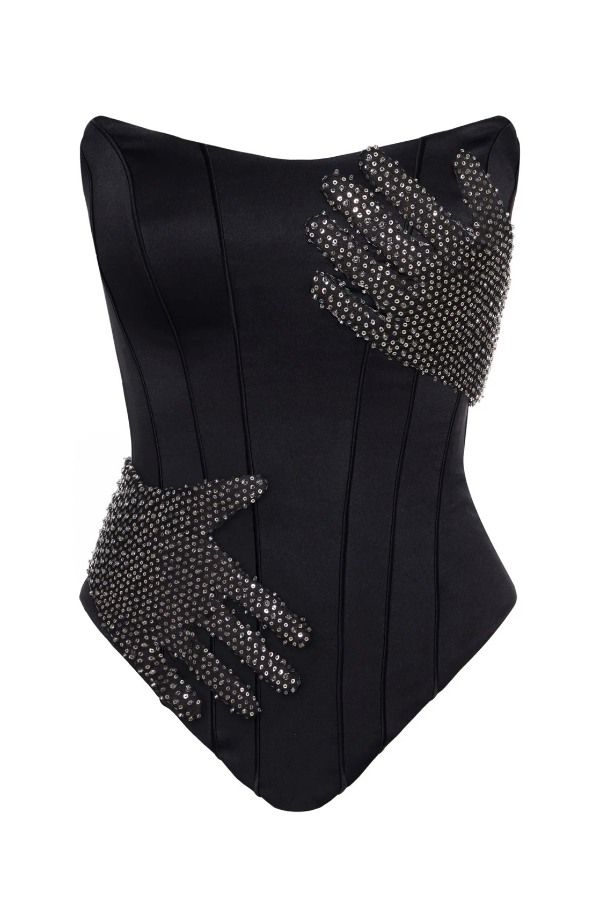 Fashionable Color-blocked Rhinestone Sleeveless Off-shoulder Fitted Top