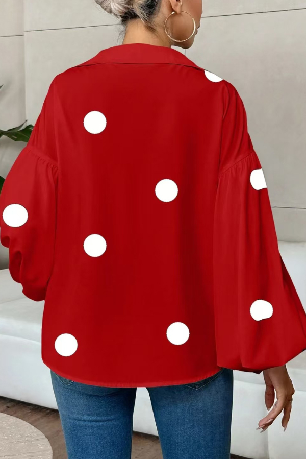 Stylish Polka Dot Print Collared Puff Sleeve Loose Shirt | Consonak