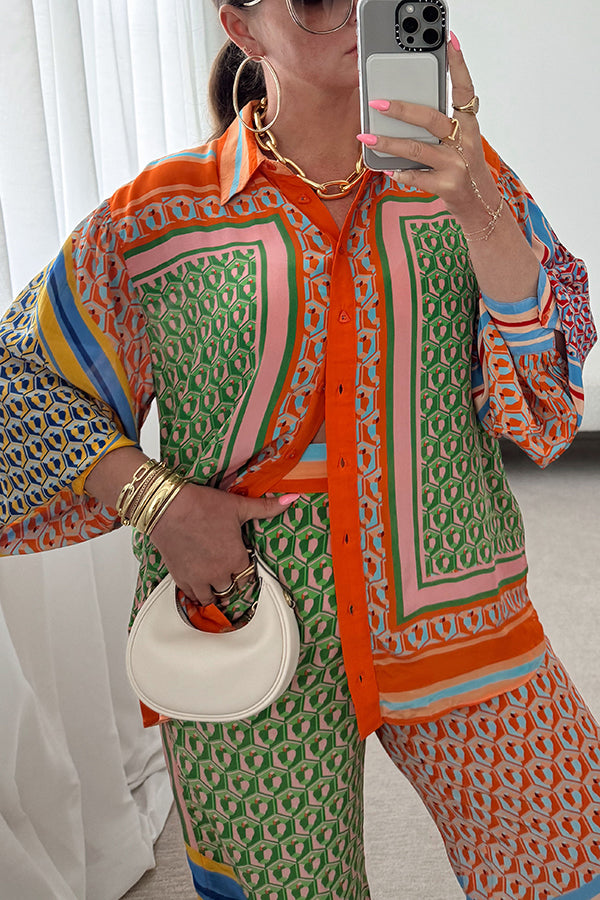 Brazil's Joyful Spirit Colorful Unique Print Balloon Sleeve Button Loose Shirt-consonak