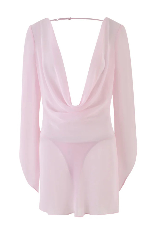 Solid Color See-through V-neck Long-sleeved Sexy Backless Mini Dress-consonak