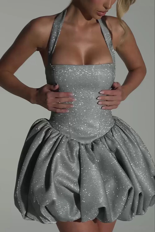 Araminta Glitter Fabric Square Halter Tie Neck Back Lace-up Fluffy Bubble Mini Dress-consonak
