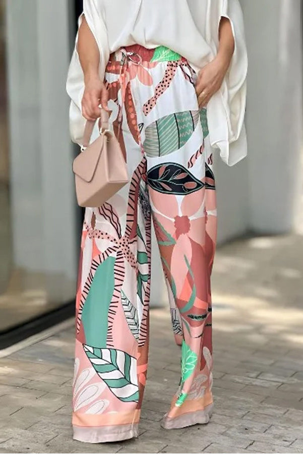 V Neck Bat Sleeve Top and Leaf Print Tie High Rise Wide Leg Pants Suit-consonak