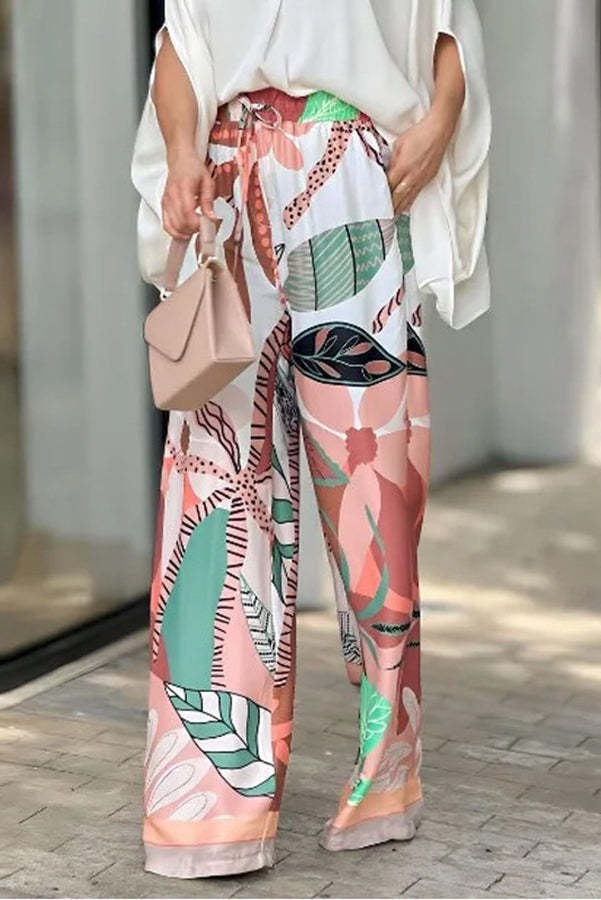 V Neck Bat Sleeve Top and Leaf Print Tie High Rise Wide Leg Pants Suit-consonak