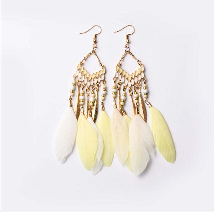 Vintage chain tassel bohemian feather earrings-consonak