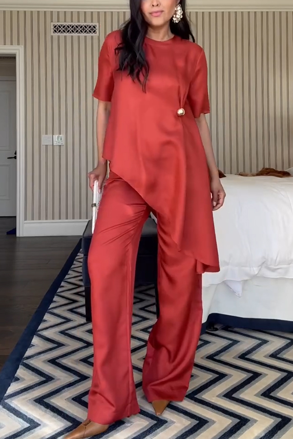 Janice Satin Metal Button-detail Asymmetric Top and Elastic Waist Loose Pants Set