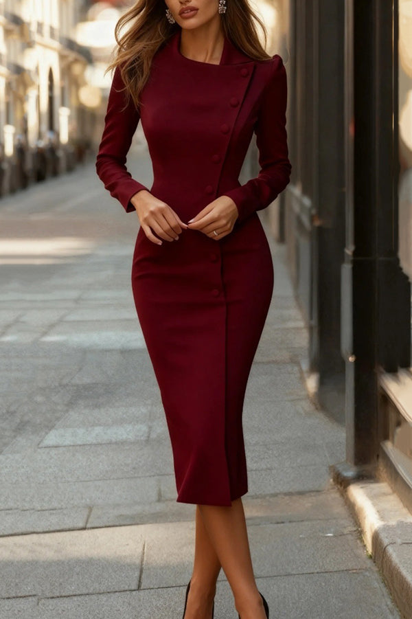 Fashionable Asymmetrical Single-breasted Elegant Slim-fit Midi Dress | Consonak