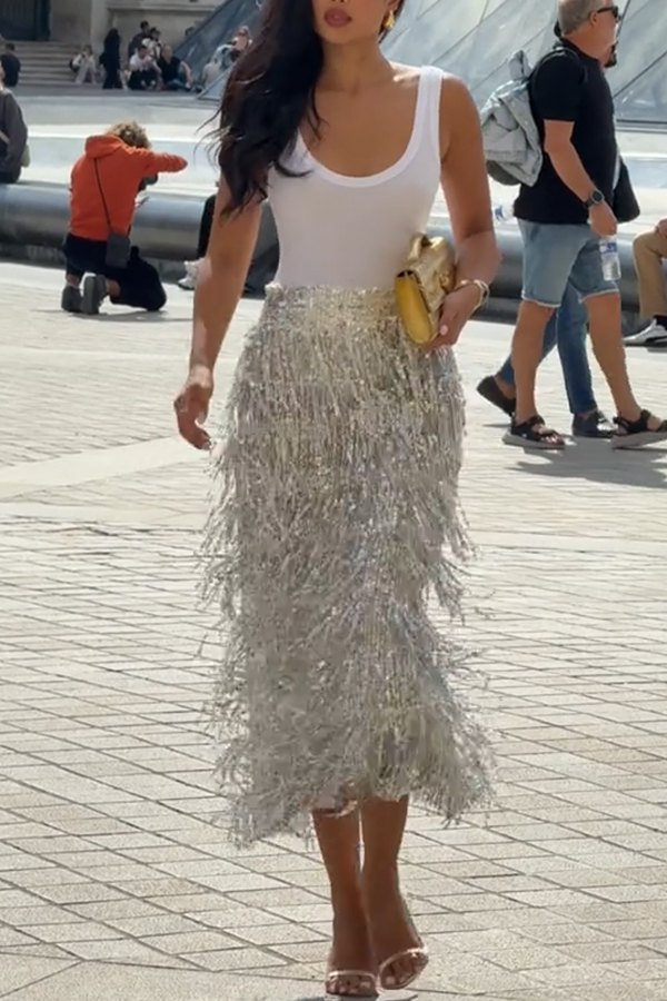 Evening Charm Layered Sequined Tassels High Rise Back Zipper Slit Midi Skirt-consonak