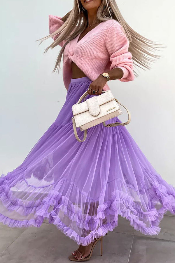 Elegant Tulle Stretch Waist Paneled Pleated Maxi Skirt-consonak