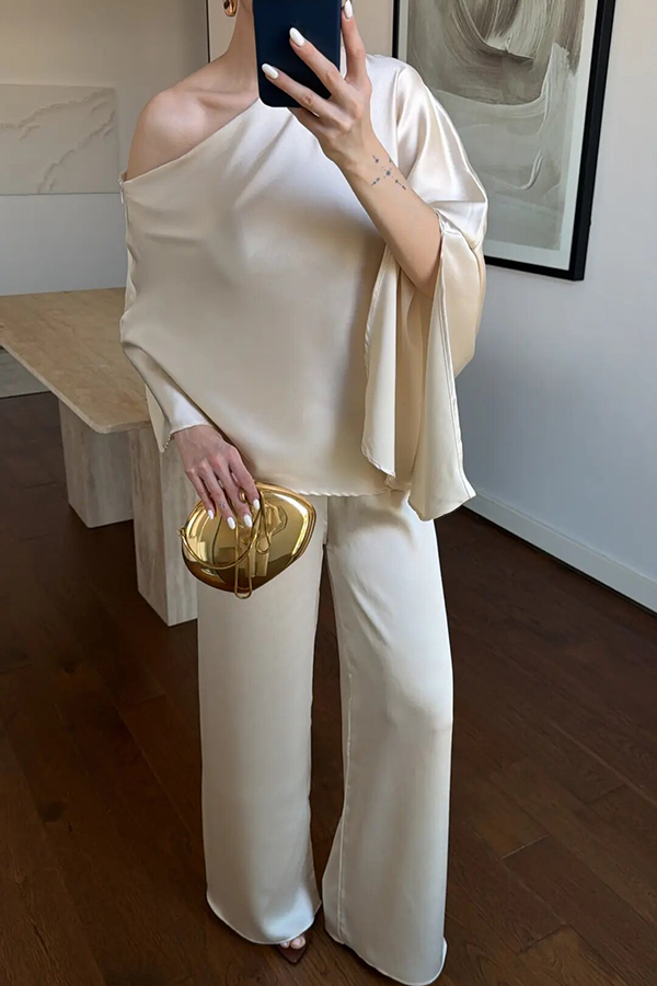 Arnell Satin One-Shoulder Cape Top and Elastic Waist Wide Leg Pants Set