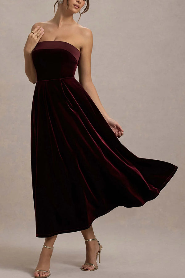 Center of Attention Velvet Satin Neck Bandeau Pleated Midi Dress | Consonak
