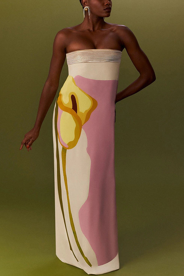 Dalva Calla Lilies Print Pleated Metallic Fabric Patchwork Bandeau Loose Maxi Dress-consonak