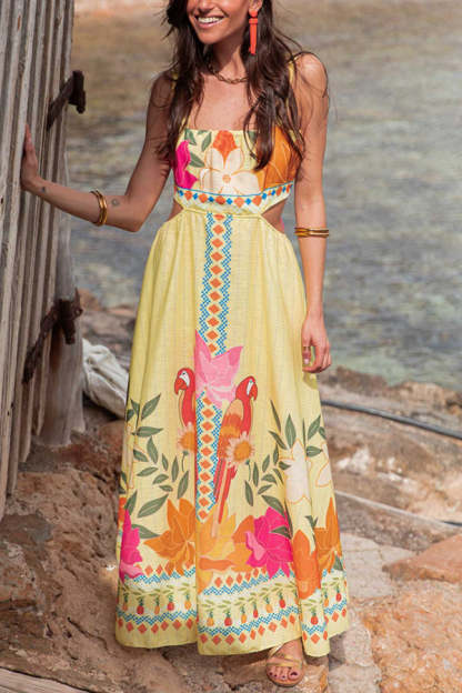 Resort Style Unique Print Sexy Square Neck Backless Waist Maxi Dress-consonak