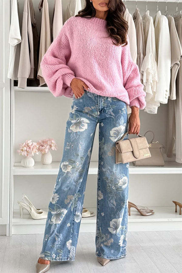 Uptown Bloom Denim Floral Print High Rise Pocket Straight Leg Jeans