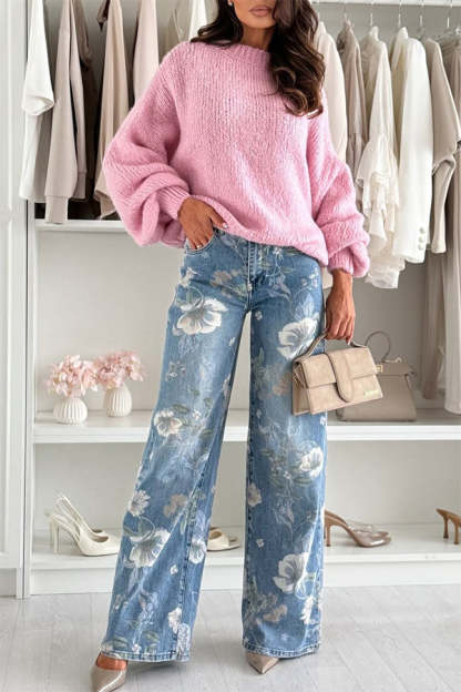 Uptown Bloom Denim Floral Print High Rise Pocket Straight Leg Jeans
