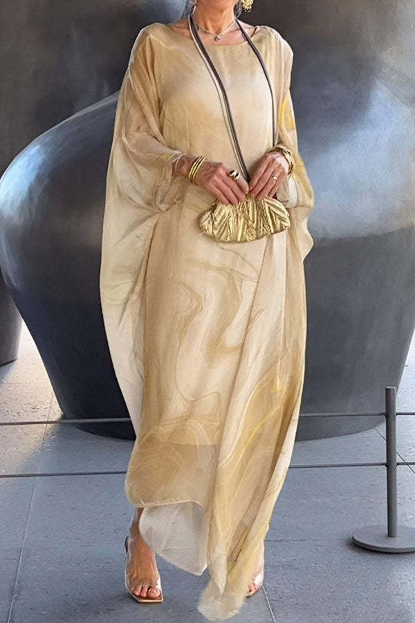 Unique Printed Crew Neck Loose Resort Style Maxi Dress-consonak