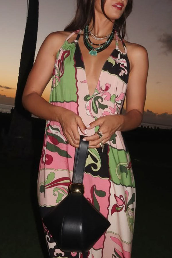 Vacation Night Unique Color-block Print U-shaped Shoulder Strap Maxi Dress