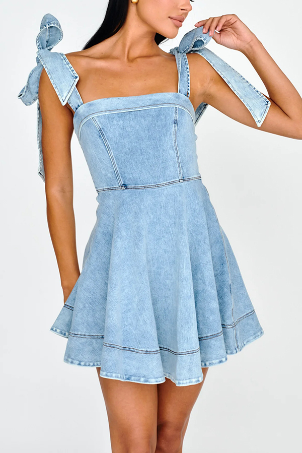 Stylish Lace-up Backless Stretch-fitting Denim Mini Dress-consonak