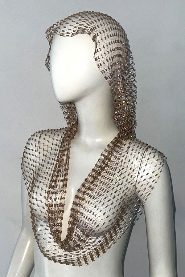 Fashion Fishnet Rhinestone Hooded Vest-consonak
